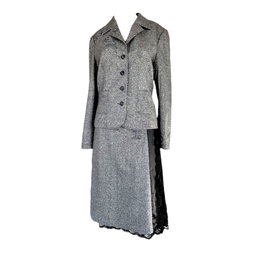 NEW Tyler Boe Wool Skirt Blazer Suit Grey Black Lace Silk Button Zip Women 12/10